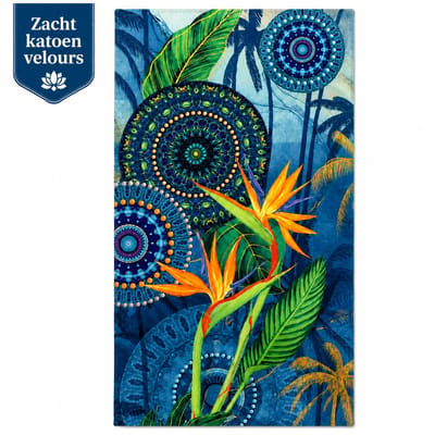 Strandlaken Blauw Mandala 100x180 cm – 100% Katoen Velours – Zacht en Absorberend – Groot Badlaken met Tropische Bloemen