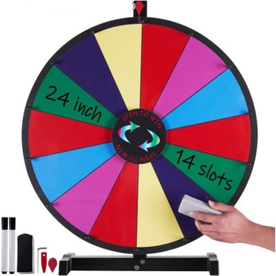 VEVOR 24-inch groot Rad van Fortuin, tafelmodel spinnewiel met 14 vakken, roulettewiel met whiteboard en 2 stiften, win Rad van Fortuin-spellen op feesten, in pubs, op kermissen en op kermissen