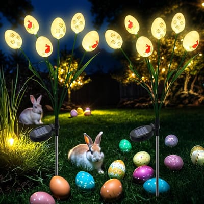 Paasdecoratie solarlampen voor buiten, tuin, 2 stuks 12 LED paaseieren met konijnenpatroon, 2 modi waterdicht, zwaaiende vuurvliegverlichting, paasdecoratie, buiten, tuin, gazon