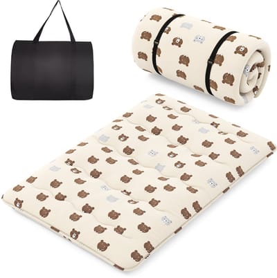 COSTWAY Japanse futon matras, tatami-mat, vloermat, vouwmatras met wasbare overtrek, opvouwbare slaapmat met draagtas, bruine beer, 140 x 200 cm