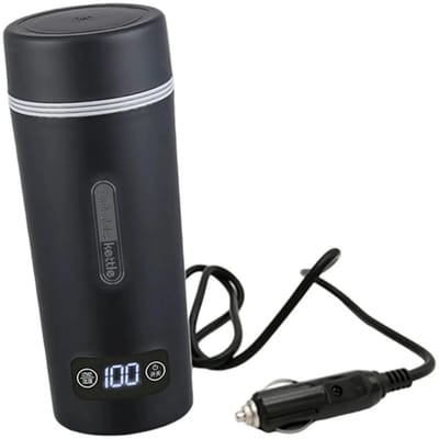 TravelHeat™ Draagbare Elektrische Waterkoker 12V– 350ml RVS – Instelbare Temperatuur tot 100°C – Mini Reis Waterkoker Auto Caravan Vrachtwagen – Compact & Snel Koken – Thermosfles Functie – Zwart
