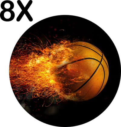 Luxe Ronde Placemat - Vlammende Basketball - Set van 8 Placemats - 50x50 cm - 2 mm dik Vinyl - Anti Slip - Afneembaar