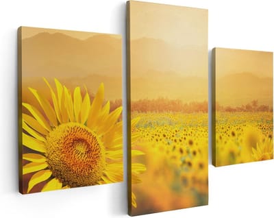 Artaza Canvas Schilderij Drieluik Zonnebloemen Veld Met Zonopkomst - 90x60 - Foto Op Canvas - Canvas Print