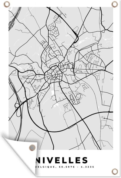 Muurdecoratie Stadskaart – Zwart Wit - Kaart – Nivelles – België – Plattegrond - 120x180 cm - Tuinposter - Tuindoek