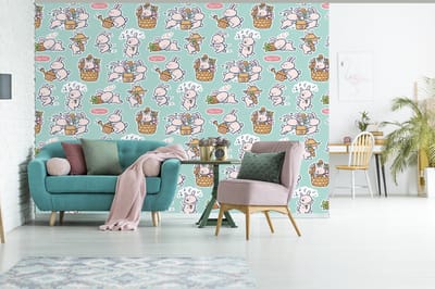Behang - Fotobehang Konijn - Tuin - Patroon - Breedte 300 cm x hoogte 240 cm