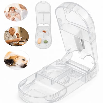 Pillensnijder & Pillendoosje in 1 – Pil Snijder met RVS Mes – Medicijn Doosje Waterdicht & UV-Beschermend – Compact & Makkelijk Schoon te Maken – Transparant