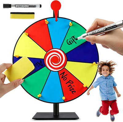 Rad van Fortuin - Draaiwiel 30 cm - Draairad met 10 schrijfvakken - Uitwisbaar - Gezelschapsspel - Afneembare Voet - Inclusief Whiteboardstift & Gum - Voor Feesten & Les & Promoties- Herbruikbaar