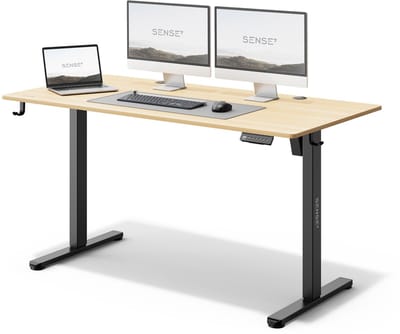 SENSE7 NOJO - Zit Sta Bureau - Elektrisch Verstelbaar - 140 x 70 cm - Computerbureau - Gamingbureau - Elektrische Hoogteverstelling - Geheugenfunctie - Hoofdtelefoonhouder - Kabelopbergsysteem - Wit / Lichtbruin