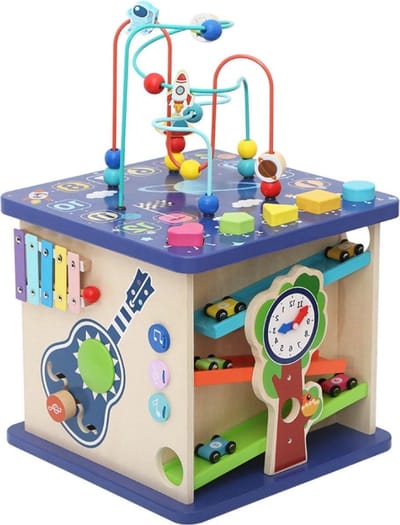 Activiteitenkubus Peutertje - Houten Speelhuis - Motorische Ontwikkeling - Montessori Geïnspireerd - 35x35x53cm - Meerkleurig