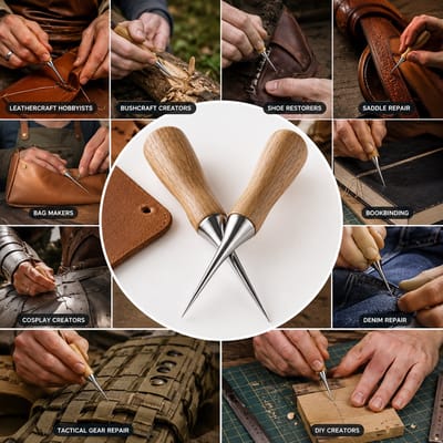 Set van 2 Textiel Priemen – Naaipriem voor Leer, Canvas en Schoenreparatie – Houten Handgreep – 12CM