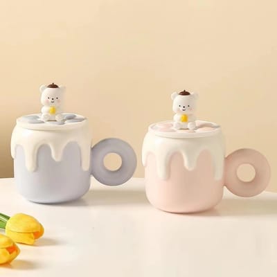 Creatieve Japanse Berenmok met Deksel Leuke Hoge Precisie Keramische Waterbeker Souvenirbeker Koffiekop Cadeau 500ml white