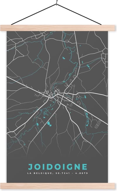 Posterhanger incl. Poster 40x60 cm - Schoolplaat - Stadskaart – Grijs - Kaart – Joidoigne – België – Plattegrond - Textielposter - Blanke latten - Stadskaart