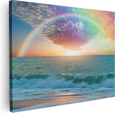 Artaza Canvas Schilderij Zeezicht - 40x30 cm - Klein - Muurdecoratie Strand - Wanddecoratie Golven - Kamer Accessoires Regenboog