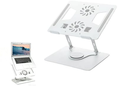 KZQ Laptopkoelstandaard - 360° draaibare dubbele ventilatoren, in hoogte verstelbaar - Opvouwbaar, gemaakt van aluminiumlegering, lichtgewicht en draagbaar - Geschikt voor thuis, op kantoor en voor gaming - Geschikt voor laptops van 11-17 inch - Wit