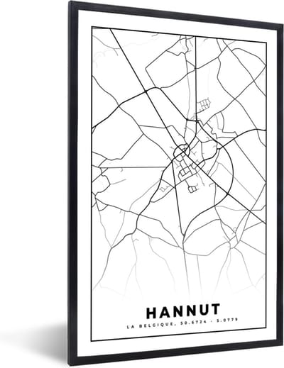 Fotolijst incl. Poster Zwart Wit- België – Hannut – Stadskaart – Kaart – Zwart Wit – Plattegrond - 40x60 cm - Posterlijst