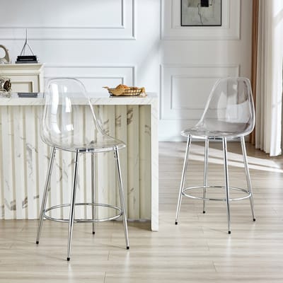 FloraGrace Barkruk 66 cm – Transparant Zwevend Design – Set Van 2 Voor Keukenbar En Eiland – Metaal En Kunststof – Zilver