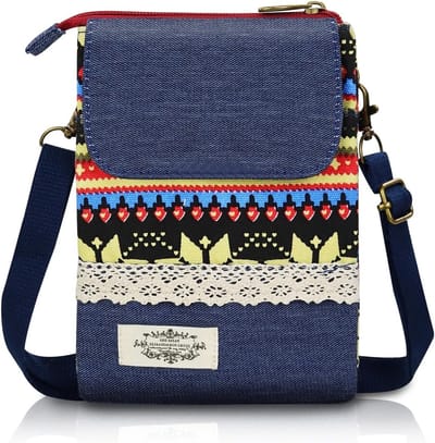 Bohemian Stijl Dames Schoudertas van Canvas voor Mobiele Telefoon met Verstelbare Schouderriem en Draagcomfort