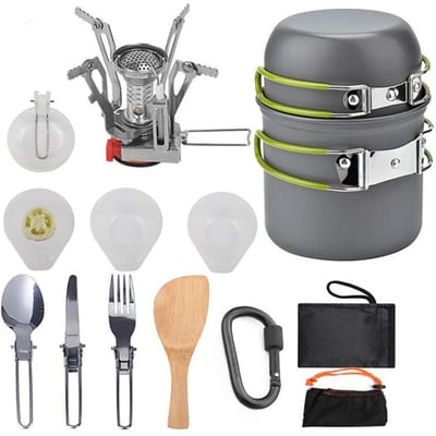 Kamperen Wandelen Kookgerei Set Outdoor Draagbare Picknick Kookgerei Kit Aluminiumoxide Pottenset Reizen Koken groen