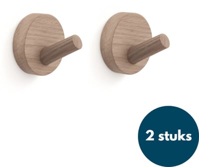 Kapstok haken hout - Walnoot licht - Wandhaken - Wandkapstok - Zelfklevende haakjes - Plakhaakjes - Rond - 2 stuks