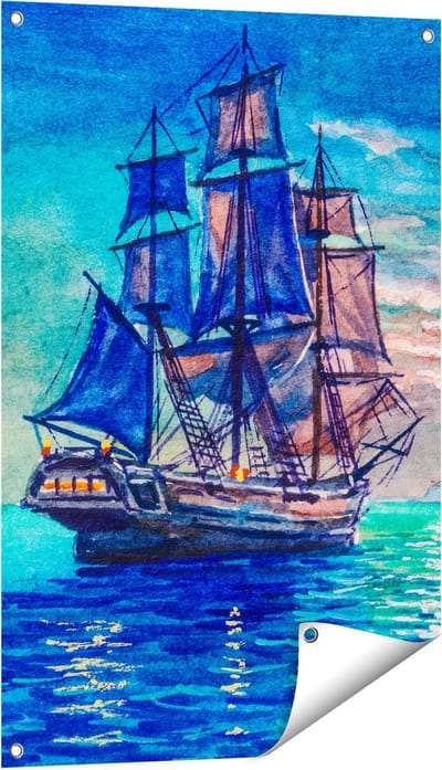 Gards Tuinposter Oude Piratenschip Zeilboot Getekend - 60x90 cm - Tuindoek - Tuindecoratie - Wanddecoratie buiten - Tuinschilderij
