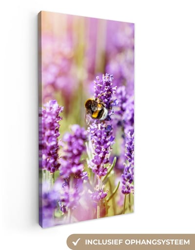 Canvas schilderij 20x40 cm - Wanddecoratie Lavendel - Bij - Bloemen - Natuur - Muurdecoratie woonkamer - Slaapkamer decoratie - Kamer accessoires - Schilderijen op canvas
