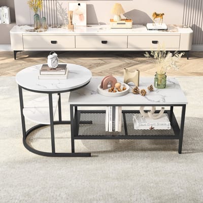 Salontafel Set van 2 – Moderne Koffietafels in Zwart, 1 Ronde & 1 Rechthoekige Tafel, Stijlvolle Woonkamer Tafels met Metalen Frame