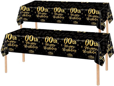 2x Tafelkleed Laken 60 Jaar Verjaardag Versiering Tafeldecoratie Feest Goud/Zwart Tafellaken Plastic Tafelzeil 274*137cm