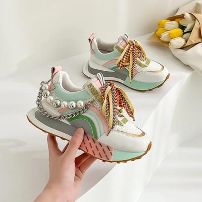 Dames 5cm Echte Leren Sneakers Vetersluiting Regenboogkleuren Plateau Parels Ketting Patchwork Mode Meisjes Ademende Sportschoenen 40 groen