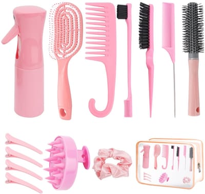 Dailygoods - Set met 14 haarborstels, bestaande uit een transparante make-uptas, een spuitfles, een haarborstel, een borstel voor de hoofdhuid en haarspelden