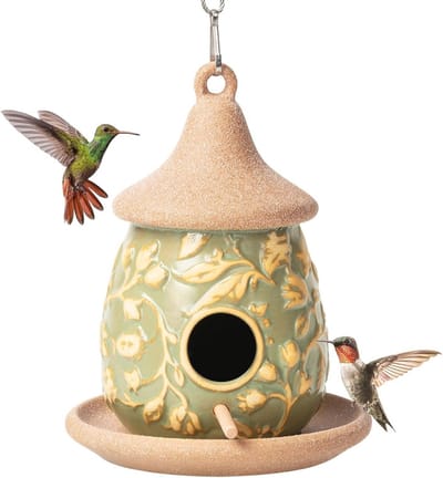 Hangend keramisch vogelhuisje en voeder voor tuinen en buitenruimtes