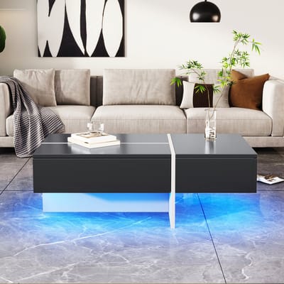 DESMIU Salontafel Hoogglans Met Ledverlichting En Drie Lades Voor Woonkamer En Sfeervol Interieur Van Spaanplaat Zwart 100x50x34,5 Cm