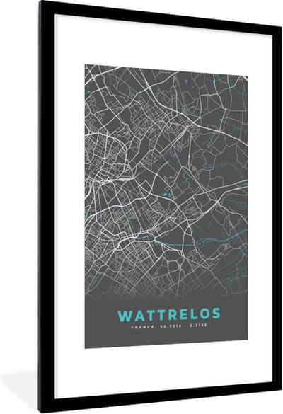 Fotolijst incl. Poster - Wattrelos - Frankrijk - Plattegrond - Kaart - Stadskaart - 80x120 cm - Posterlijst