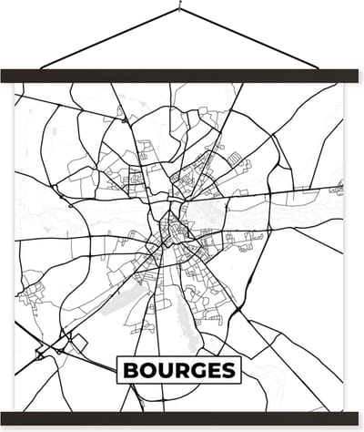 Posterhanger incl. Poster 60x60 cm - Schoolplaat - Bourges - Frankrijk - Stadskaart - Plattegrond - Kaart - Zwart wit - Textielposter - Zwarte latten - Stadskaart