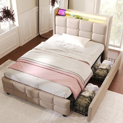 KOMHTOM Bed Eenpersoonsbed 90x200 cm met USB-oplaadfunctie Hoofdbord en LED-verlichting en 2 laden Beige