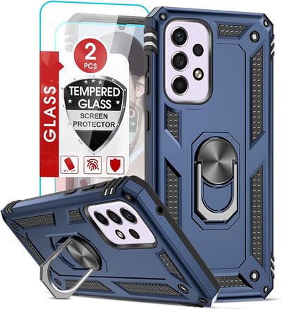 Hoesje Geschikt Voor Samsung Galaxy A33 Hoesje Anti-Shock Hybrid Armor hoesje Blauw - Hoesje Geschikt Voor Samsung Galaxy A33 5G kickstand Ring houder TPU backcover hoesje - met screenprotector Galaxy A33 5G - 2 pack