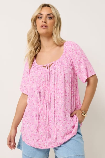 Yours Roze Blouse Met Bloemenprint En Strik Aan De Hals Size 42