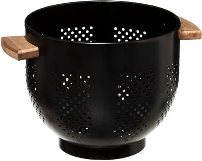 5Five keuken vergiet/zeef op voet - zwart - 22 x 18,5 cm - metaal met houten handvaten - Keukenvergieten