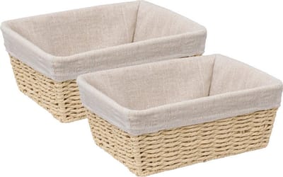 5Five - 2x - Broodmand Bistro plus - gevlochten papier/stof - creme wit - 25 x 19 x 10 cm