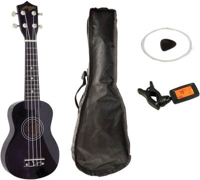 Johnny Brook JB310A Soprano Ukelele starterset met Ukelele, tas, clip on tuner (stemmer), snaren en plectrum - Zwart