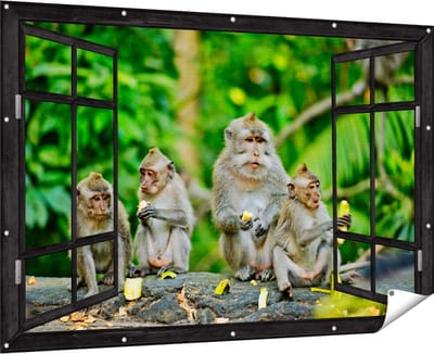 Gards Tuinposter Doorkijk Groep Apen Eten Bananen in het Bos - 180x120 cm - Tuindoek - Tuindecoratie - Wanddecoratie buiten - Tuinschilderij