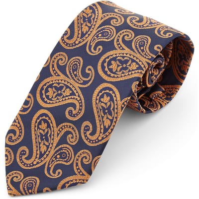 Brede Marineblauwe & Oranje Paisley Katoenen Stropdas