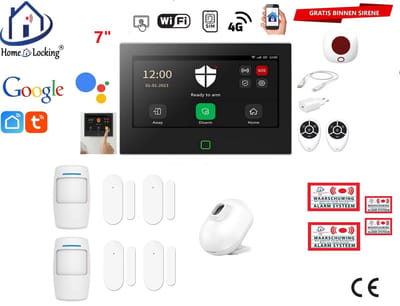 Draadloos / bedraad alarmsysteem met 7-inch touchscreen voor woning/camper/boot/caravan werkt met wifi en sim kaart en met spraakgestuurde apps. (Nederlands of Frans stem en tekst). ST01B-56