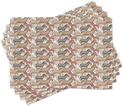ABAKUHAUS Zebra-placematten, handgetekende Afrikaanse savanne-dierpatronen in abstracte camouflage, Tiscjdeco uit kleurvaste stoffen voor eetkamer en keuken, bleke karamelkleur, groen, bruin, robijnrood
