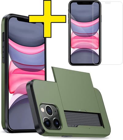 Hoesje Geschikt voor iPhone 11 Pro Hoesje Case Pashouder Hard Cover Met Screenprotector - Hoes Geschikt voor iPhone 11 Pro Hoesje Met Kaarthouder - Donkergroen