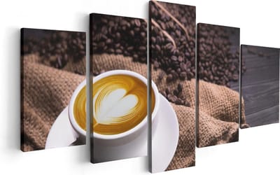 Artaza Canvas Schilderij Vijfluik Kopje Koffie In Een Hartje Met Koffiebonen - 100x50 - Foto Op Canvas - Canvas Print