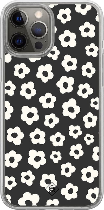 Casimoda® hoesje - Geschikt voor iPhone 12 Pro - Retro Bloempjes - 2-in-1 case - Schokbestendig - Bloemen - Verhoogde randen - Zwart, Transparant