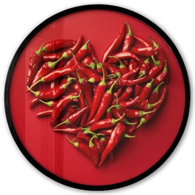 Poster in lijst Rond - Fotolijst 40x40 cm - Posters - Pepers - Rood - Hart - Ronde posterlijst zwart - Decoratie - Wanddecoratie woonkamer - Muurdecoratie slaapkamer