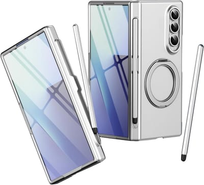 Draaibare Stand Case voor Samsung Galaxy Z Fold 3 met Schermbeschermer en Mag-Safe Hinge Bescherming - Zilver, Stylus Inclusief, Duurzaam Ontwerp