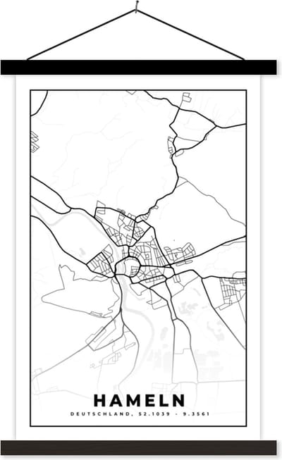 Posterhanger incl. Poster 40x60 cm - Schoolplaat - Hameln - Plattegrond - Kaart - Stadskaart - Textielposter - Zwarte latten - Stadskaart