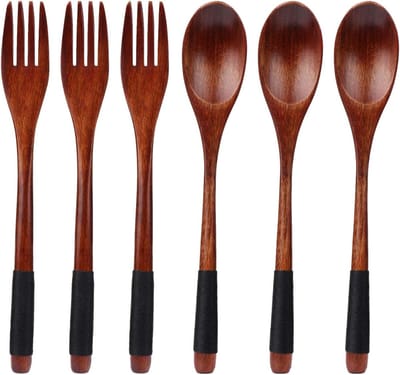 Natuurlijke Houten Lepel en Vork Set met Lange Handvatten voor Kamperen, Koken en Eten, 6 Delig Bestekset